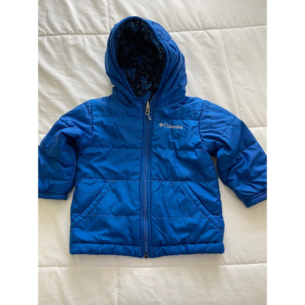 Columbia Reversible Puffer Jacket Toddler 2T Blue Fleece Bear Print Winter Coat